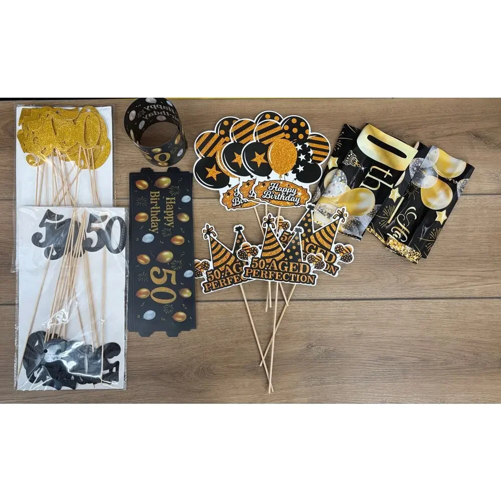 50th Birthday Party Decor Bundle - Black, Gold & Diamonds Theme